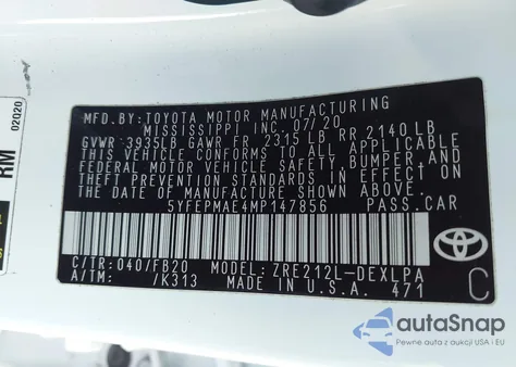 2021 Toyota Corolla Le from USA, damaged, VIN 5YFEPMAE4MP147856